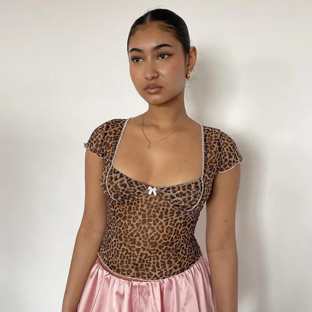 Sexy Leopard Print Lettuce Crop Top Semi-Sheer Hot Trim Tulle Tee Elegant Bow - Picture 2 of 6